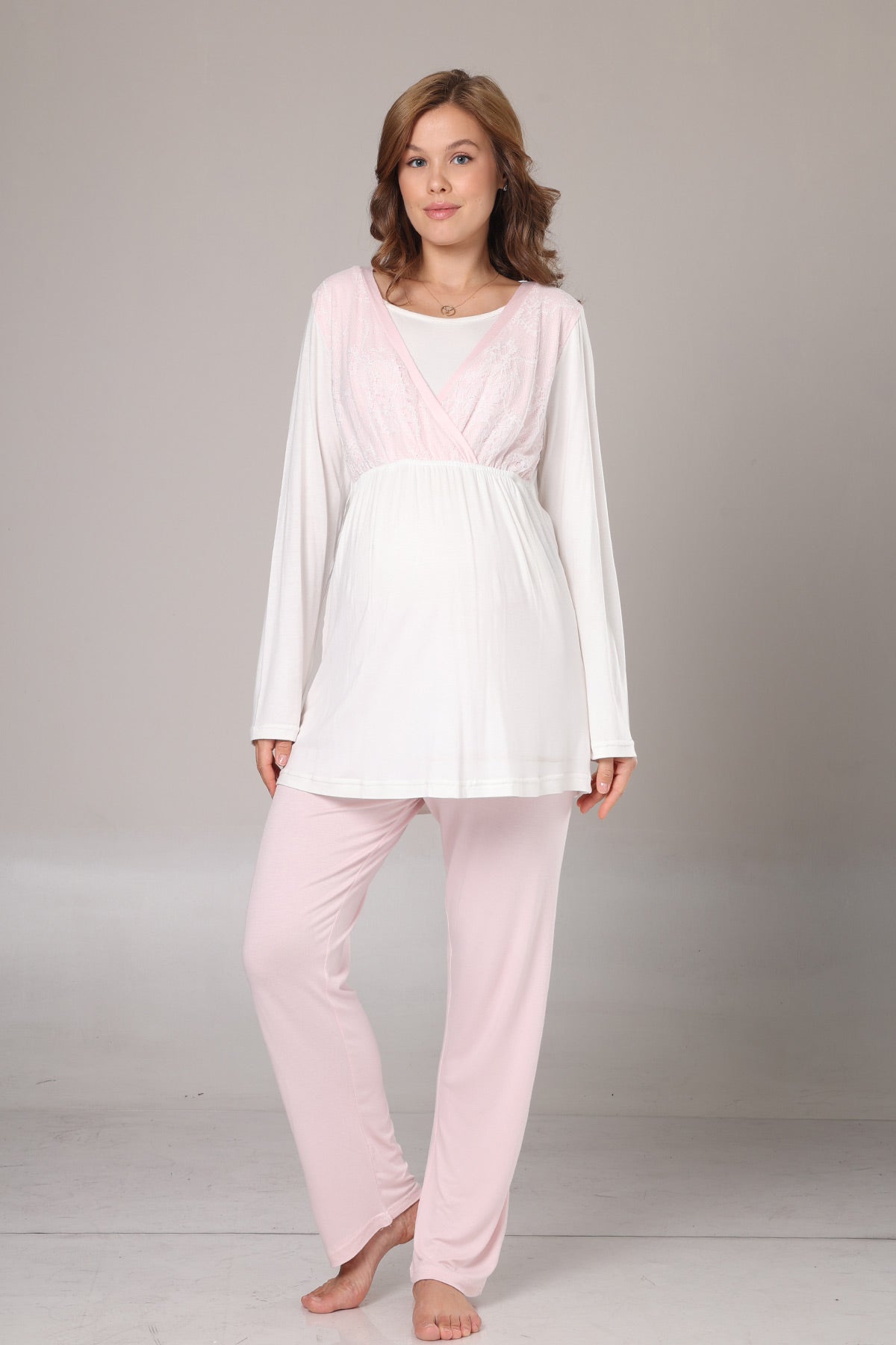 Pembe Dantelli Lohusa Pijama ve Jakar Sabahlık Takımı - 1000