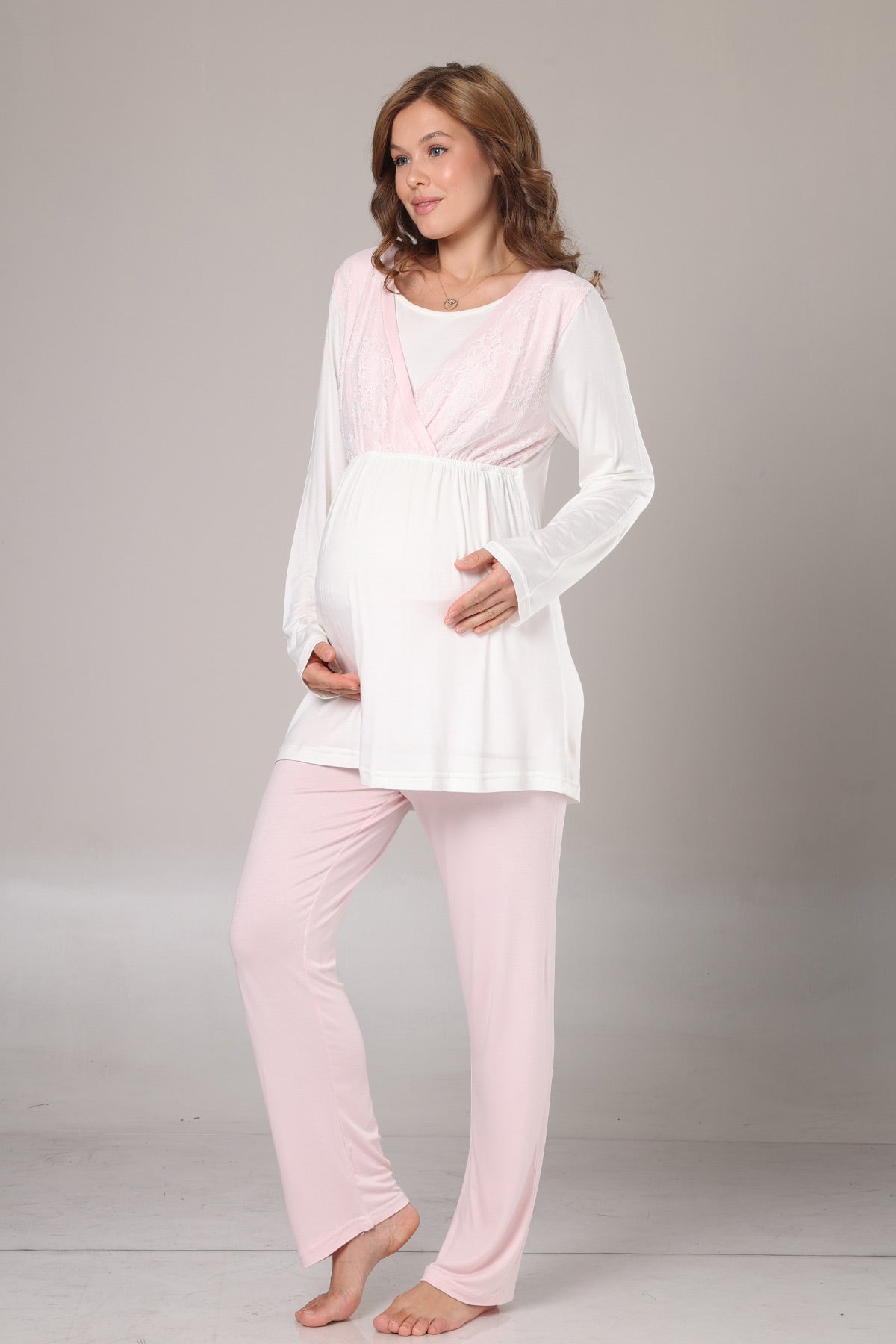 Pembe Dantelli Lohusa Pijama ve Jakar Sabahlık Takımı - 1000