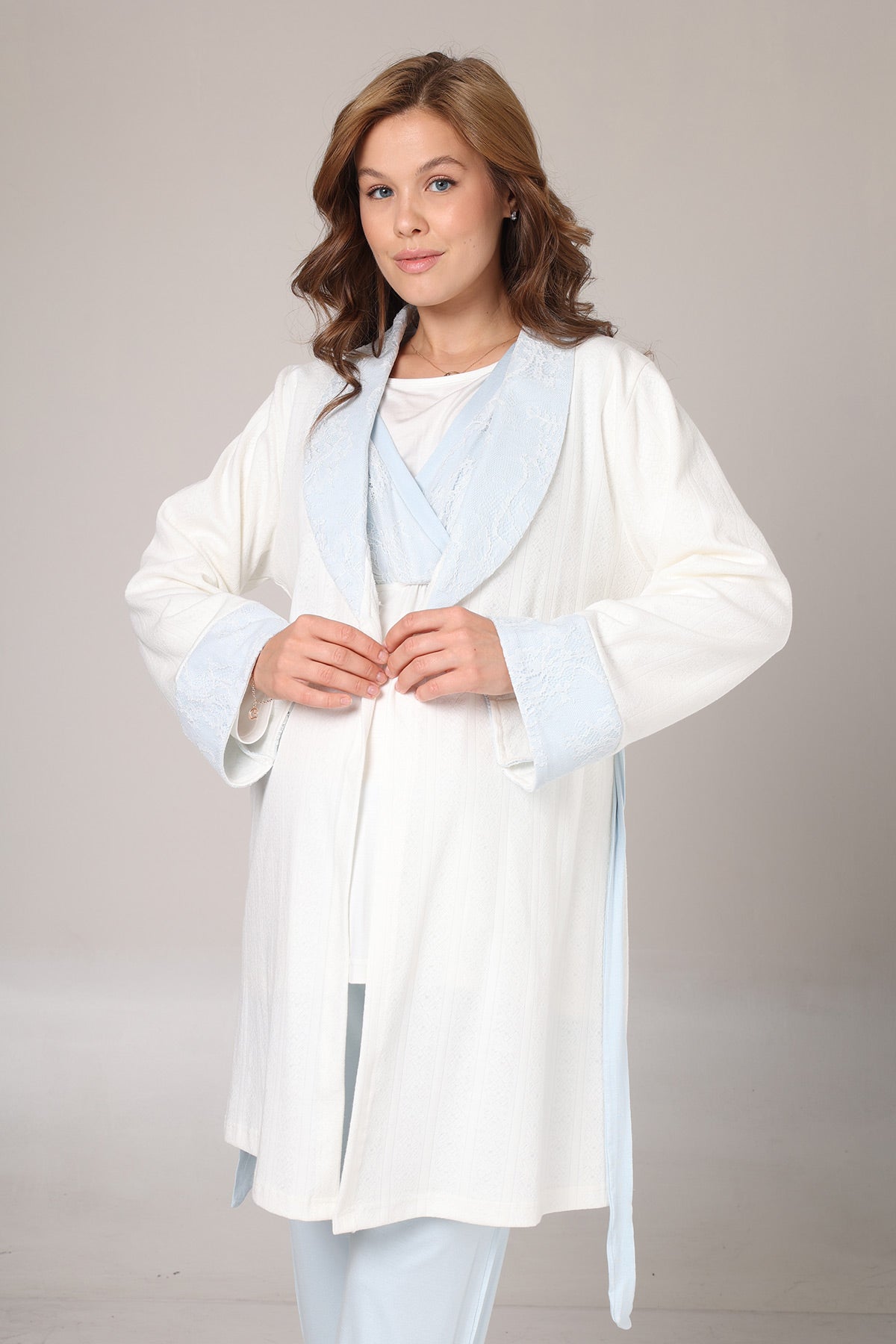 Mavi Dantelli Lohusa Pijama ve Jakar Sabahlık Takımı - 1001