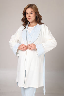 Image of Mavi Dantelli Lohusa Pijama ve Jakar Sabahlık Takımı - 1001