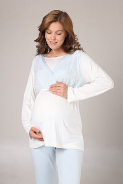 Image of Mavi Dantelli Lohusa Pijama ve Jakar Sabahlık Takımı - 1001