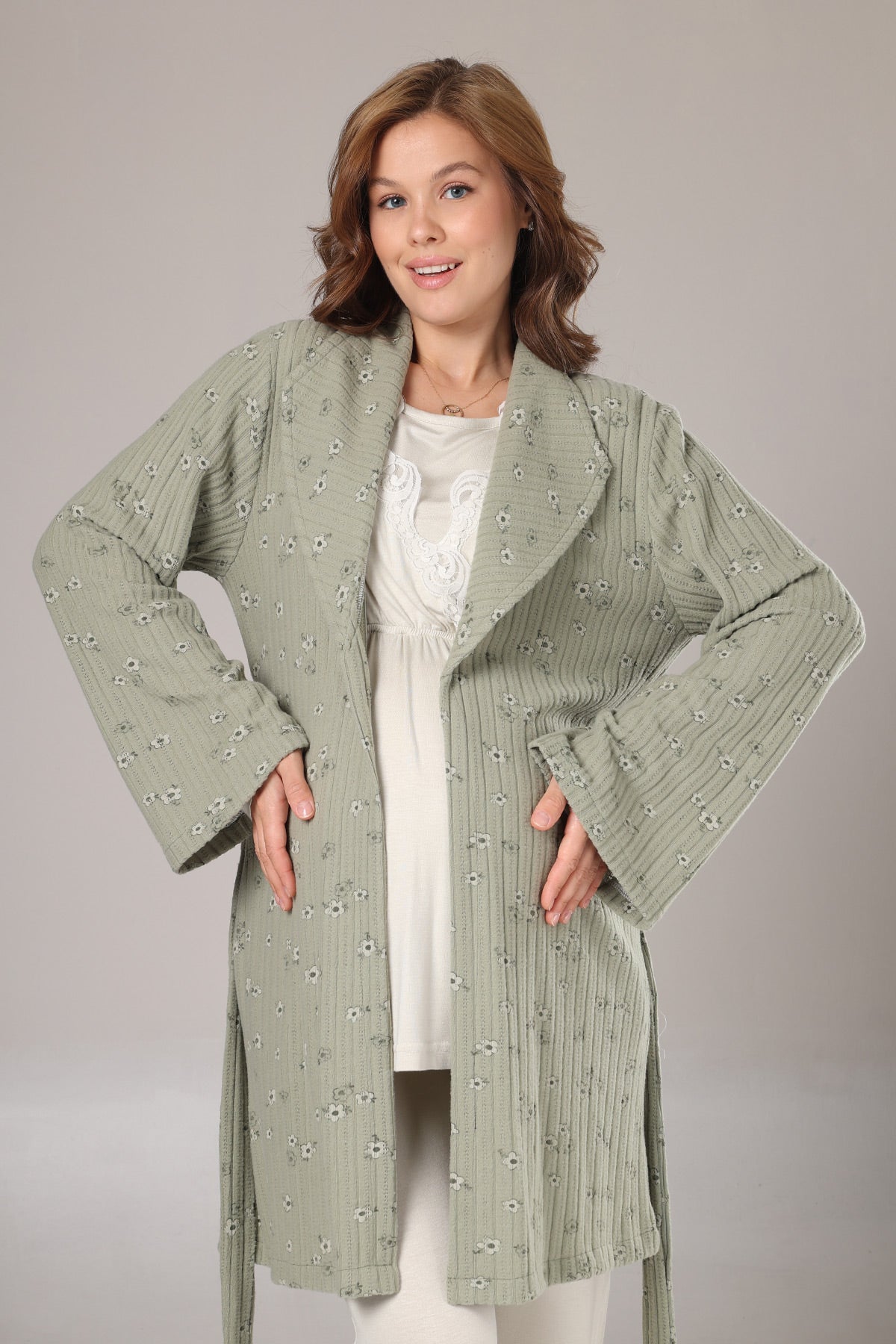 Dantelli Kruvaze Lohusa Pijama ve Desenli Sabahlık Takımı - 1003