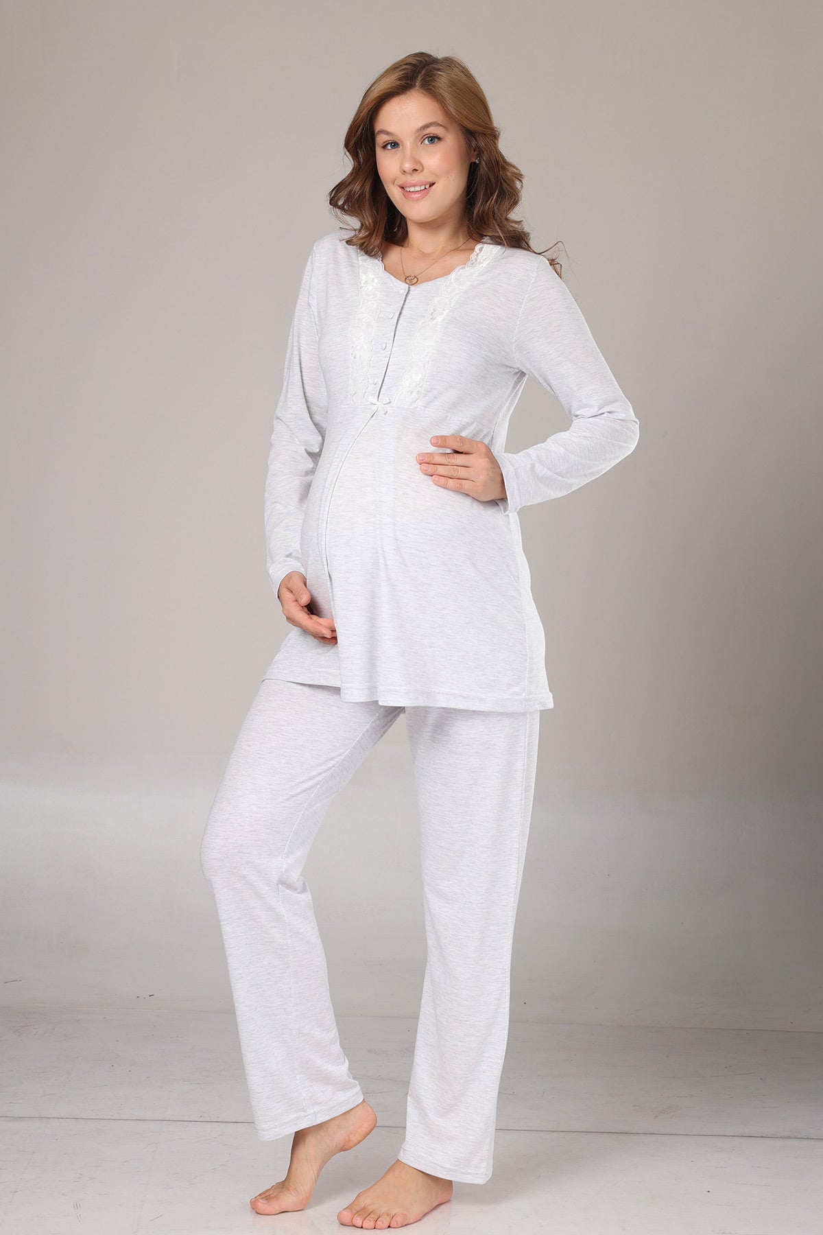 Dantelli Yaka Lohusa Pijama ve Melanj Sabahlık Takımı - 1004