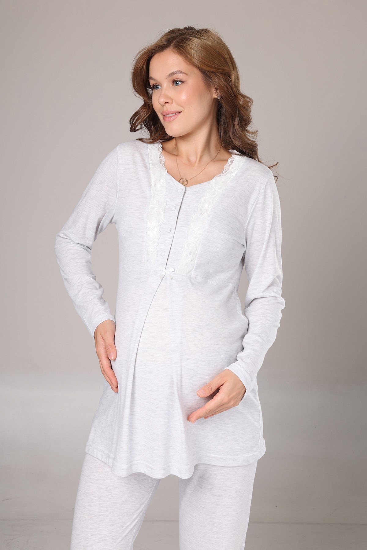 Dantelli Yaka Lohusa Pijama ve Melanj Sabahlık Takımı - 1004