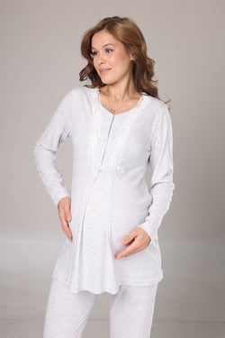 Image of Dantelli Yaka Lohusa Pijama ve Melanj Sabahlık Takımı - 1004