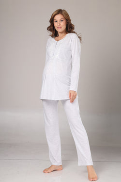 Image of Dantelli Yaka Lohusa Pijama ve Melanj Sabahlık Takımı - 1004