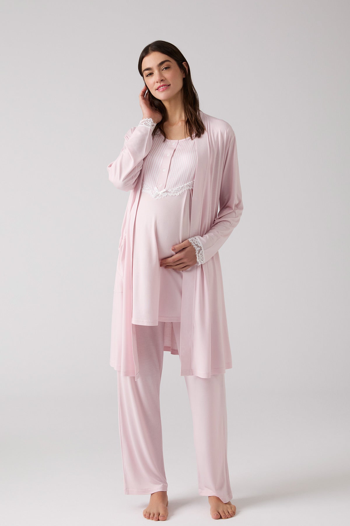 Dantelli Yaka Lohusa Pijama ve Dantelli Kol Sabahlık Takımı - 1010