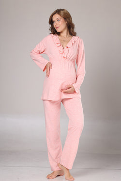 Image of Pileli Kruvaze Emzirme Detaylı Lohusa Pijama ve Volan Kol Sabahlık Takımı - 1013