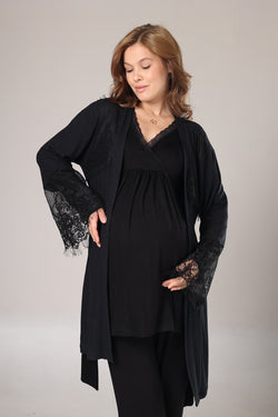 Image of Dantelli Yaka Lohusa Pijama ve Dantelli Kol Sabahlık Takımı - 1022