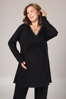Image of Dantelli Yaka Lohusa Pijama ve Dantelli Kol Sabahlık Takımı - 1022