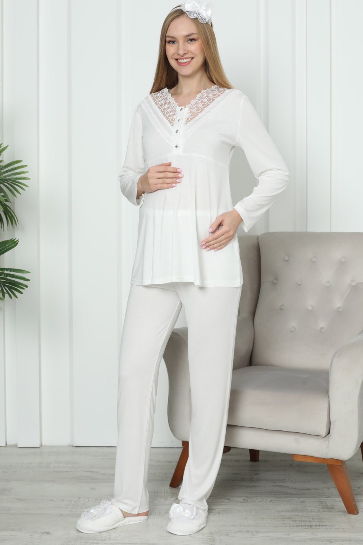 Dantelli Yaka Lohusa Pijama Takımı - 1169
