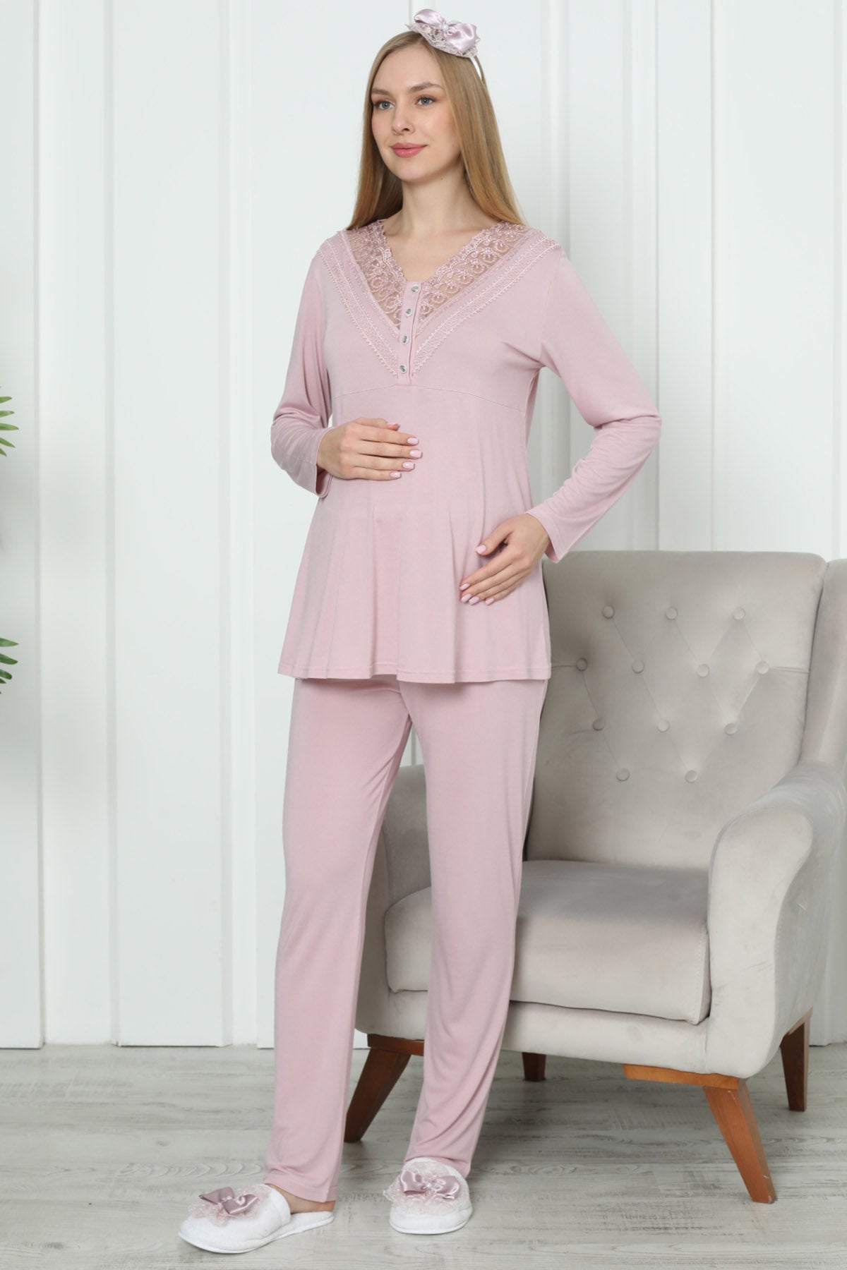 Dantelli Yaka Lohusa Pijama Takımı - 1169
