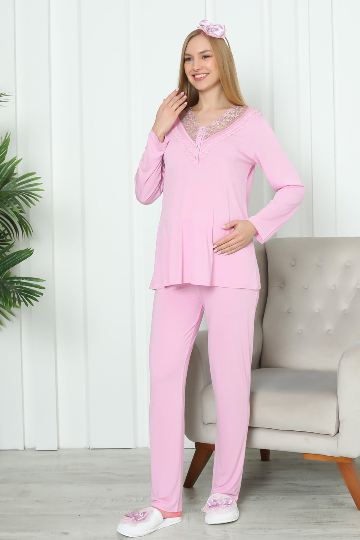 Dantelli Yaka Lohusa Pijama Takımı - 1169