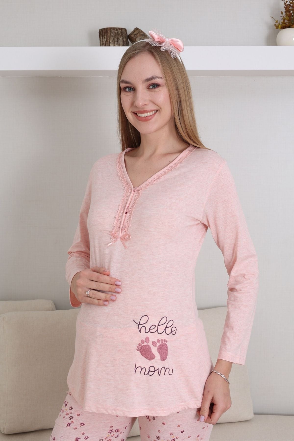 Hello Mom Baskılı Lohusa Pijama Takımı - 1172