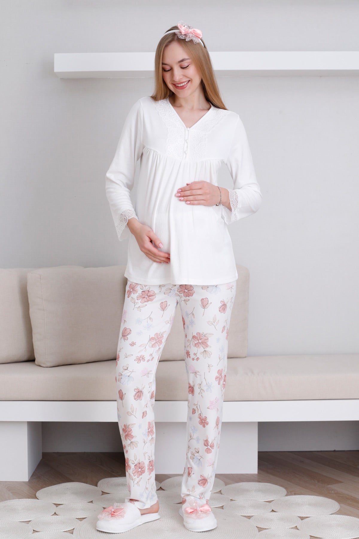 Dantelli Yaka Lohusa Pijama Takımı - 1173