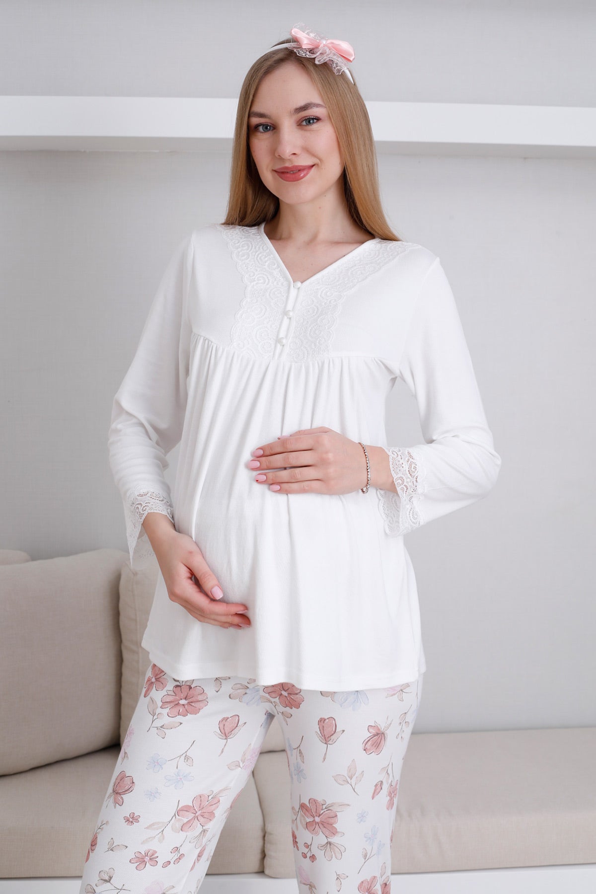 Dantelli Yaka Lohusa Pijama Takımı - 1173