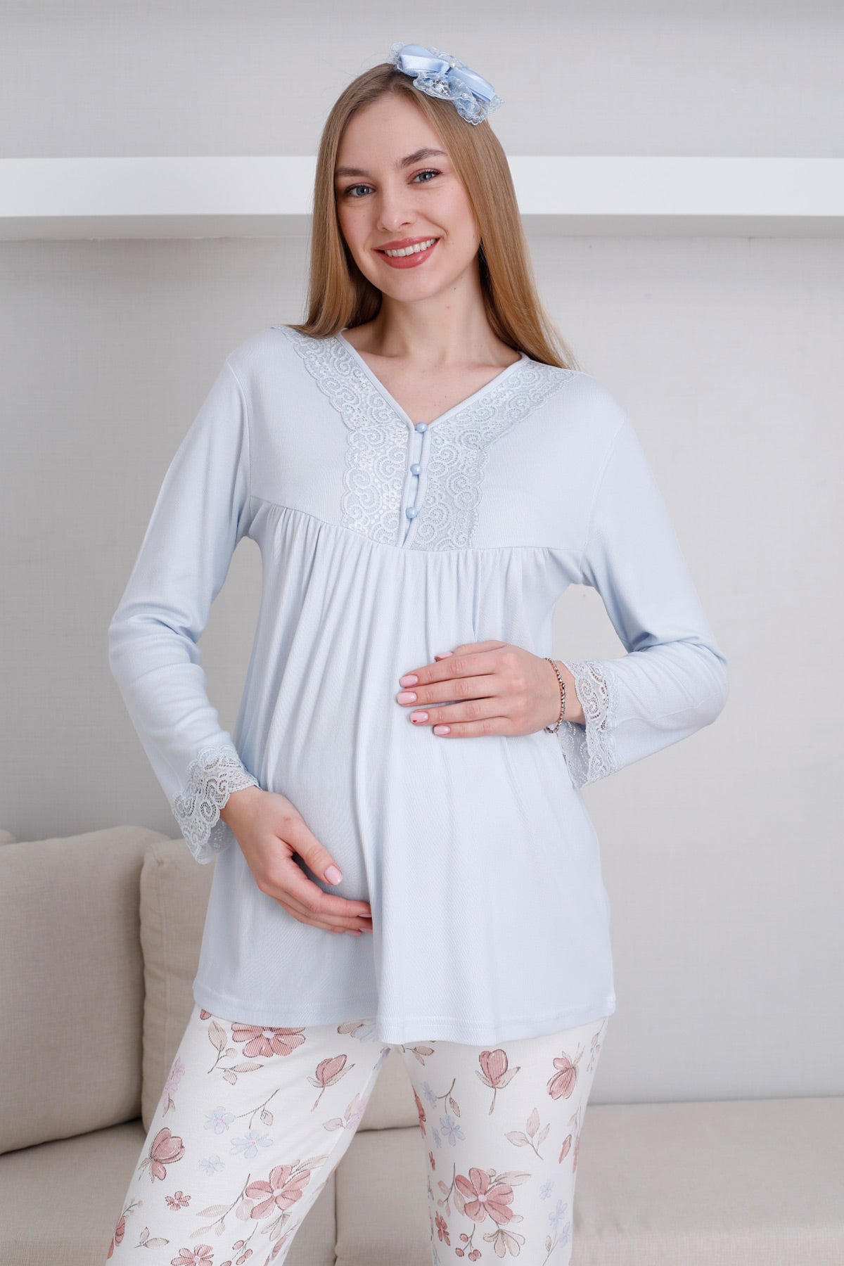 Dantelli Yaka Lohusa Pijama Takımı - 1173