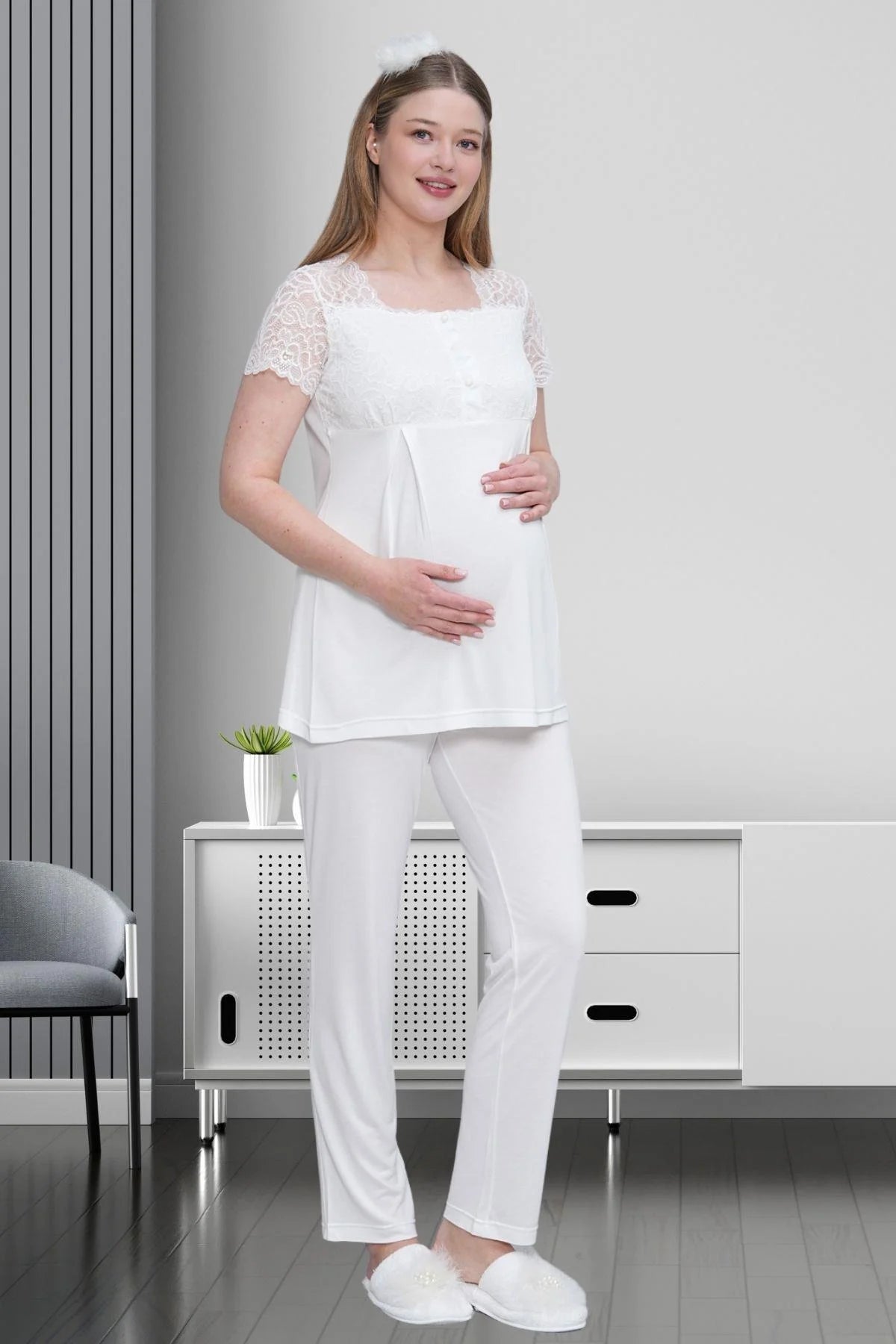 Dantel Detaylı Lohusa Pijama ve Sabahlık Takımı - 1517