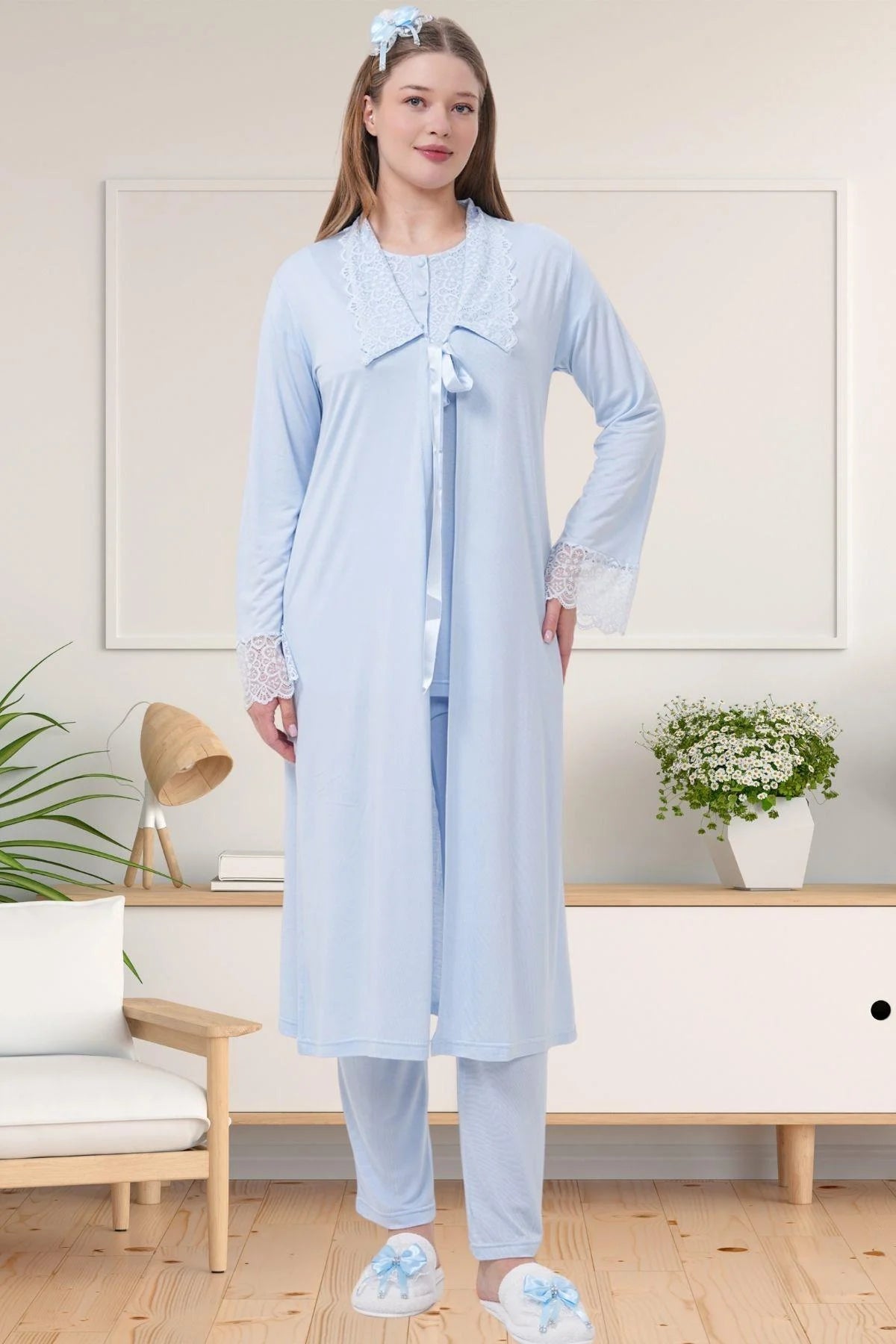 Narin Dantelli Yaka Lohusa Pijama ve Sabahlık Takımı - 1541