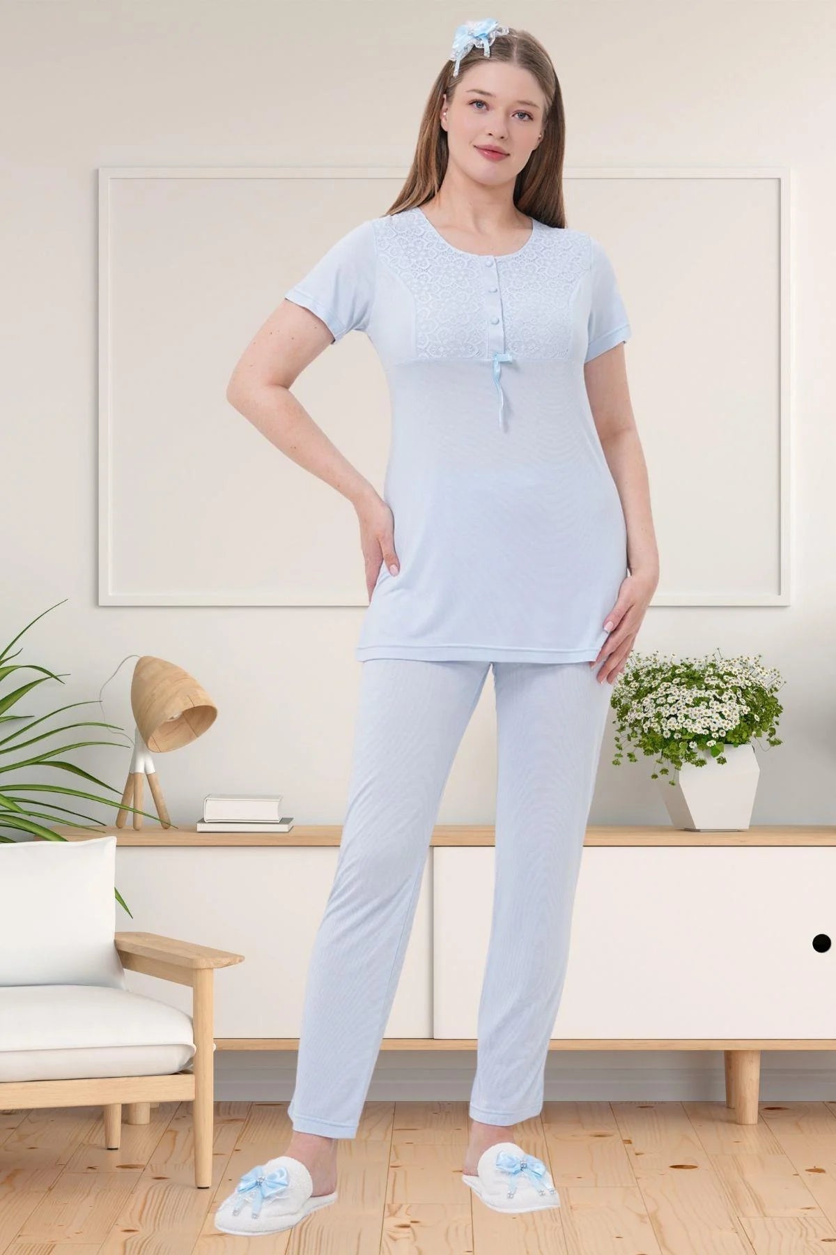Narin Dantelli Yaka Lohusa Pijama ve Sabahlık Takımı - 1541