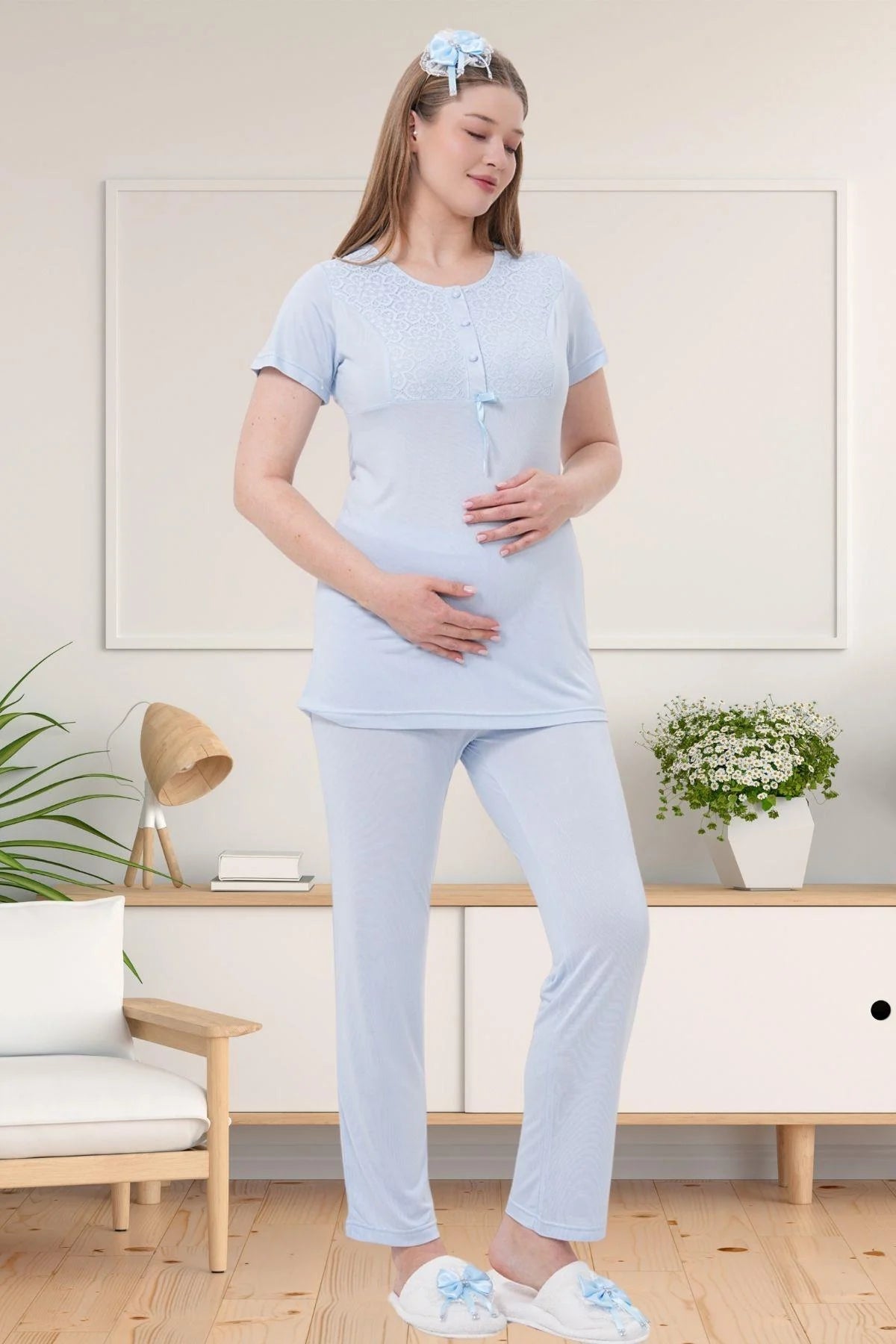 Narin Dantelli Yaka Lohusa Pijama ve Sabahlık Takımı - 1541