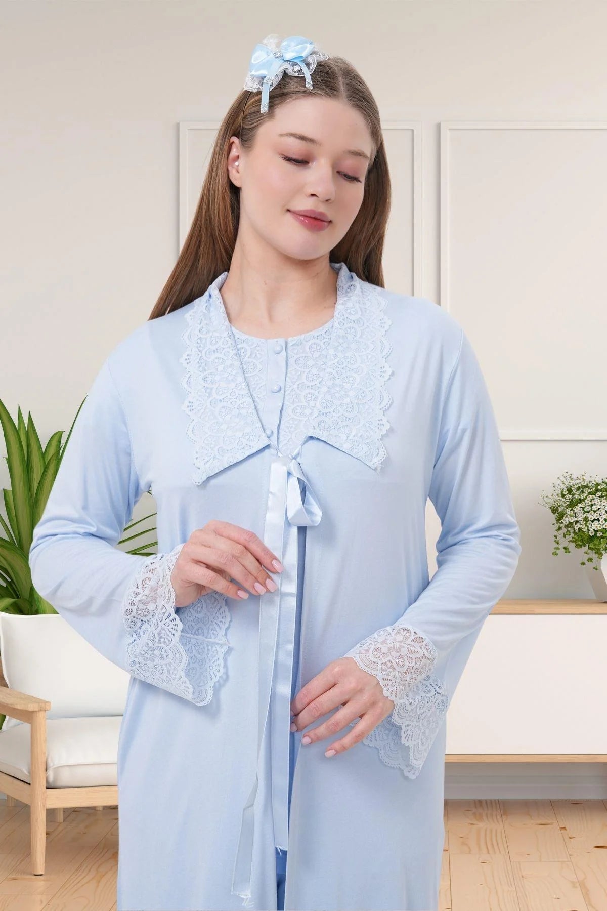 Narin Dantelli Yaka Lohusa Pijama ve Sabahlık Takımı - 1541