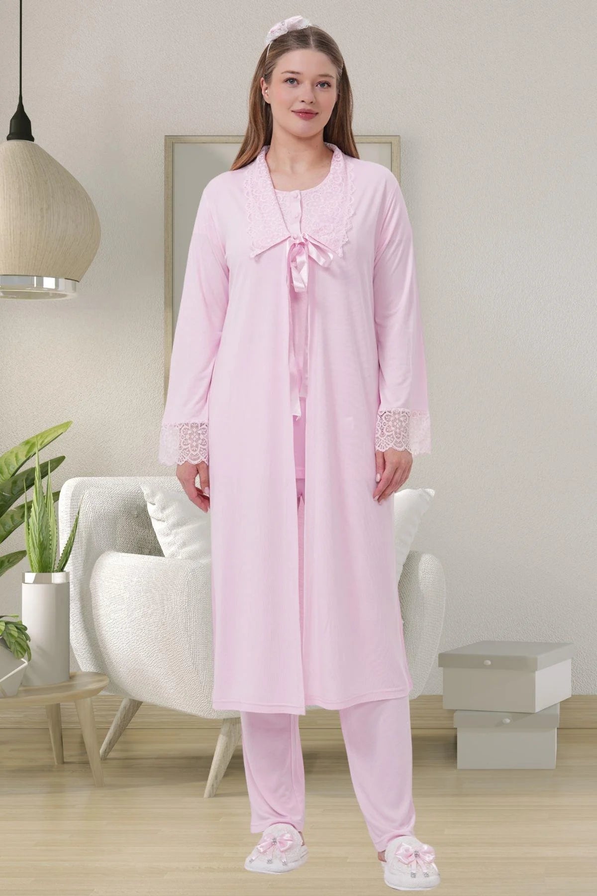 Narin Dantelli Yaka Lohusa Pijama ve Sabahlık Takımı - 1541