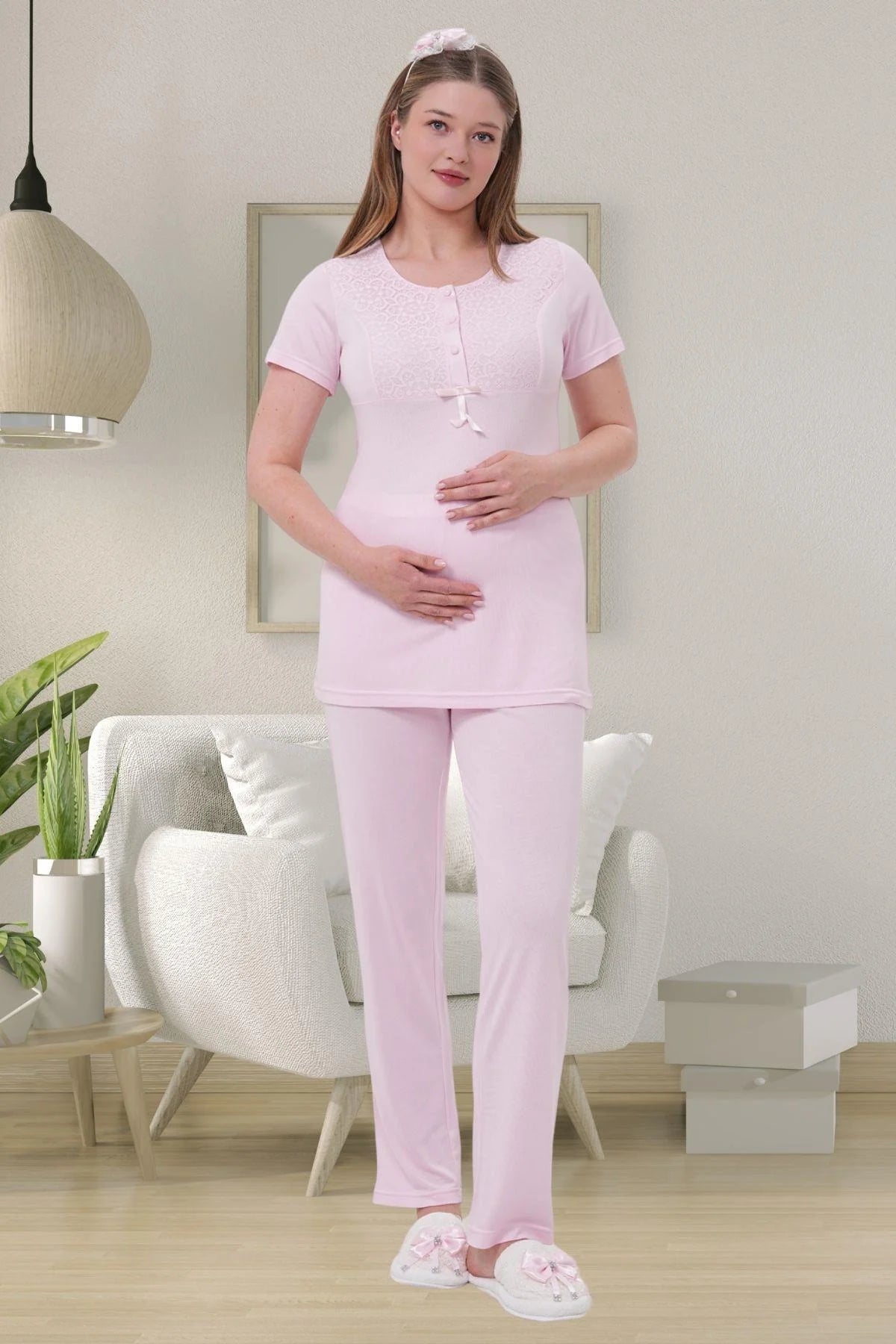 Narin Dantelli Yaka Lohusa Pijama ve Sabahlık Takımı - 1541