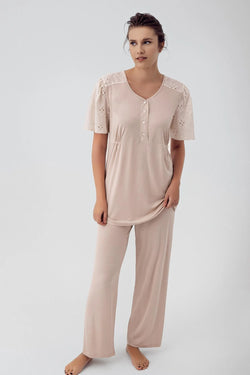 Image of Dantelli Kol Lohusa Pijama Takımı - 16206