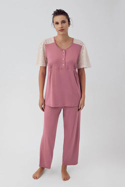 Image of Dantelli Kol Lohusa Pijama Takımı - 16206