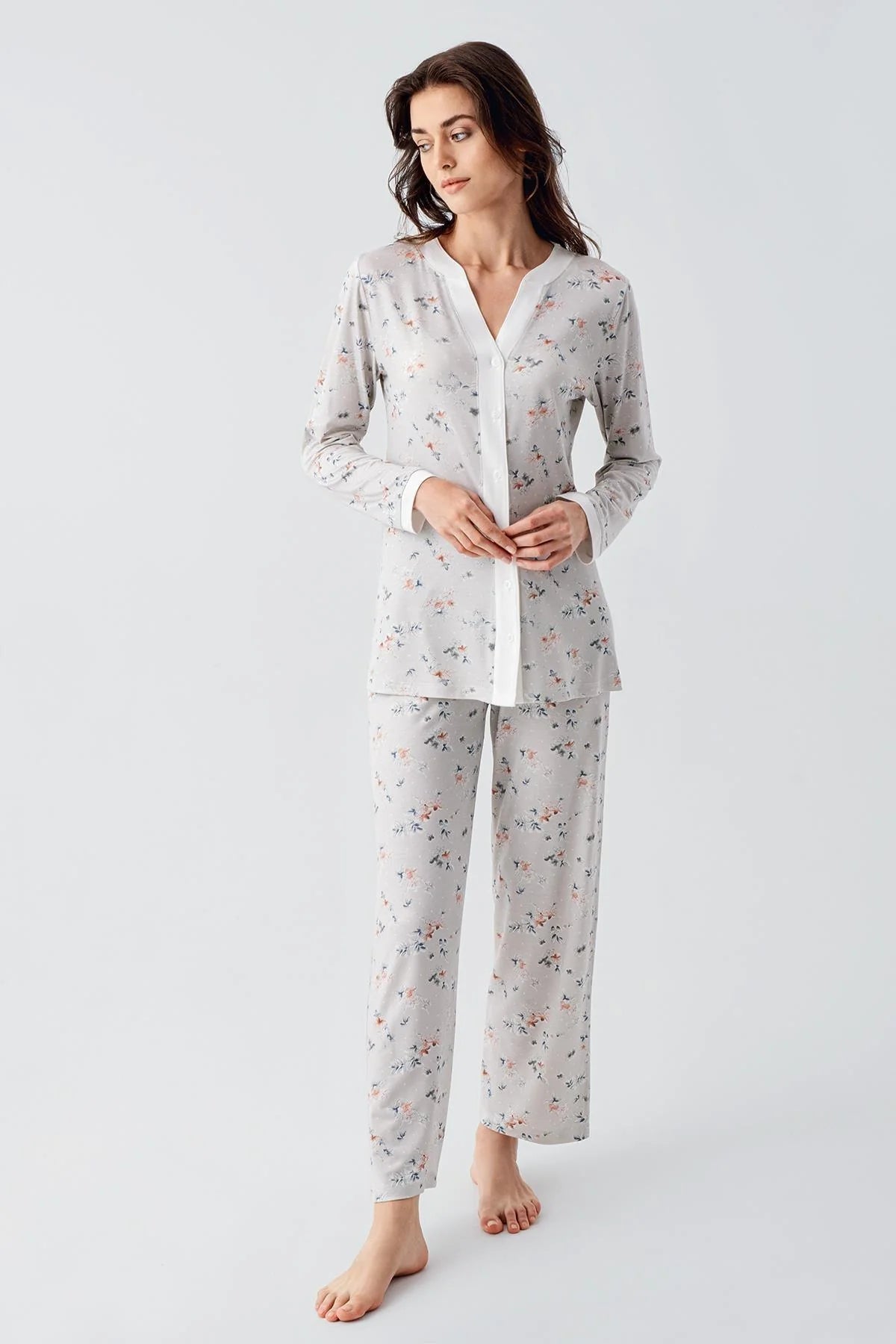 Çiçek Desenli Önden Düğmeli Lohusa Pijama Takımı - 16214