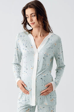 Image of Çiçek Desenli Önden Düğmeli Lohusa Pijama Takımı - 16214