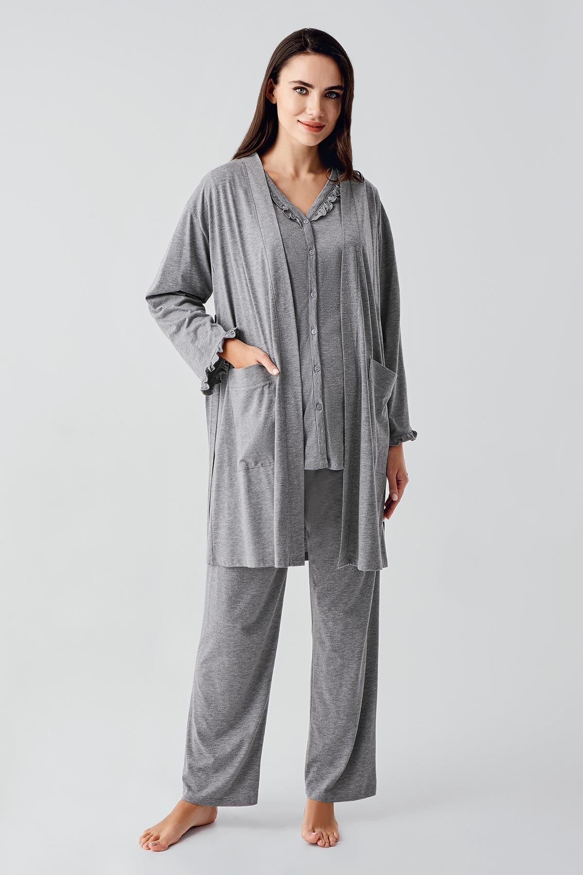 Çift Emzirme Özellikli Lohusa Pijama ve Sabahlık Takımı - 17300