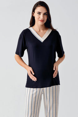 Image of Çizgili Gizli Emzirme Bölmeli Lohusa Pijama ve Sabahlık Takımı - 17302