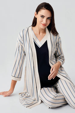 Image of Çizgili Gizli Emzirme Bölmeli Lohusa Pijama ve Sabahlık Takımı - 17302