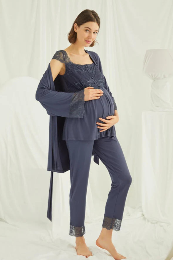 Dantelli Omuz Lohusa Pijama ve Sabahlık Takımı - 18211