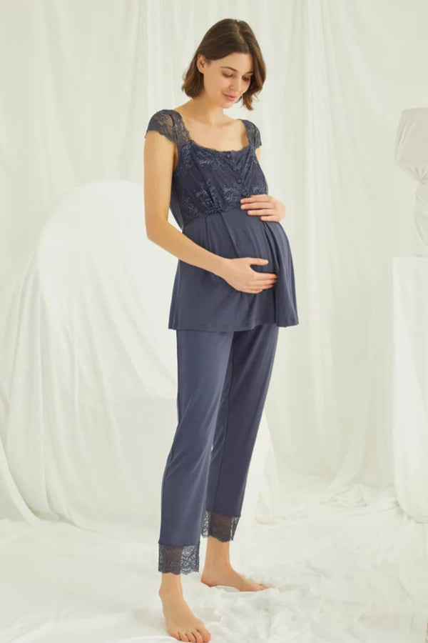 Dantelli Omuz Lohusa Pijama ve Sabahlık Takımı - 18211