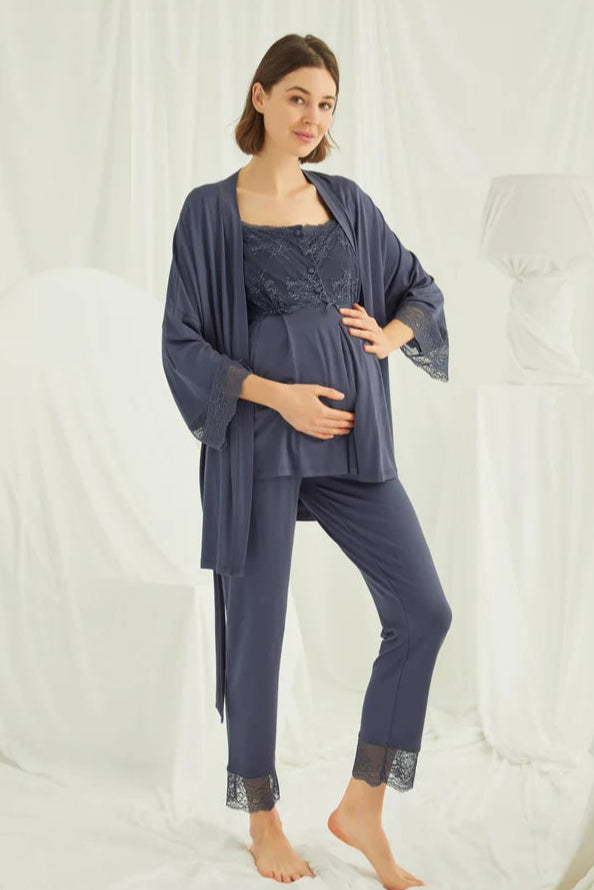 Dantelli Omuz Lohusa Pijama ve Sabahlık Takımı - 18211