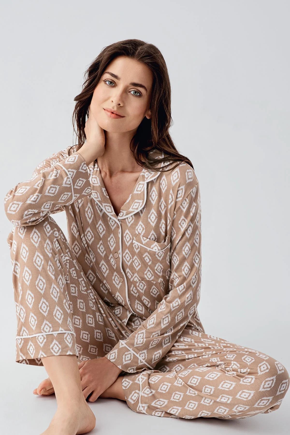 Desenli Likralı Lohusa Pijama Takımı - 22101