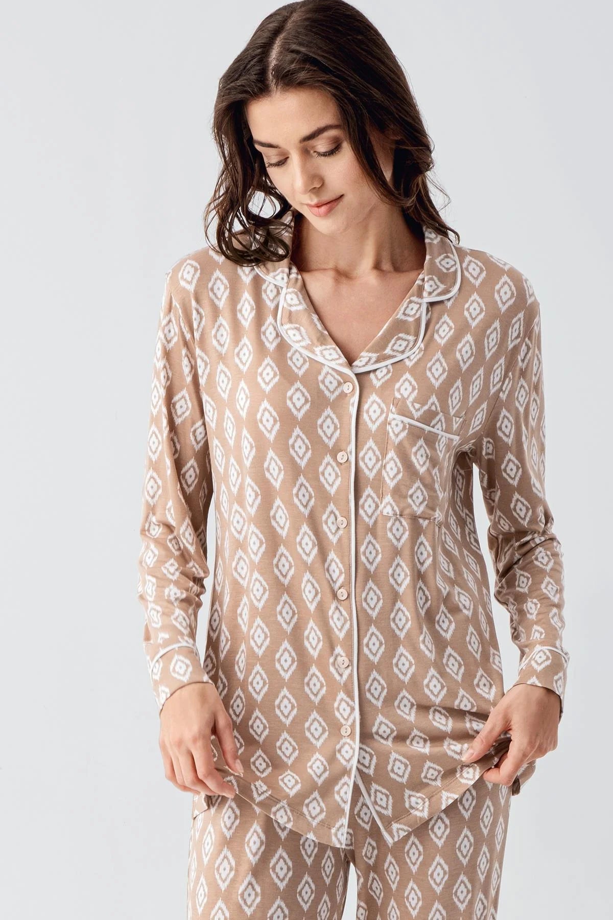 Desenli Likralı Lohusa Pijama Takımı - 22101
