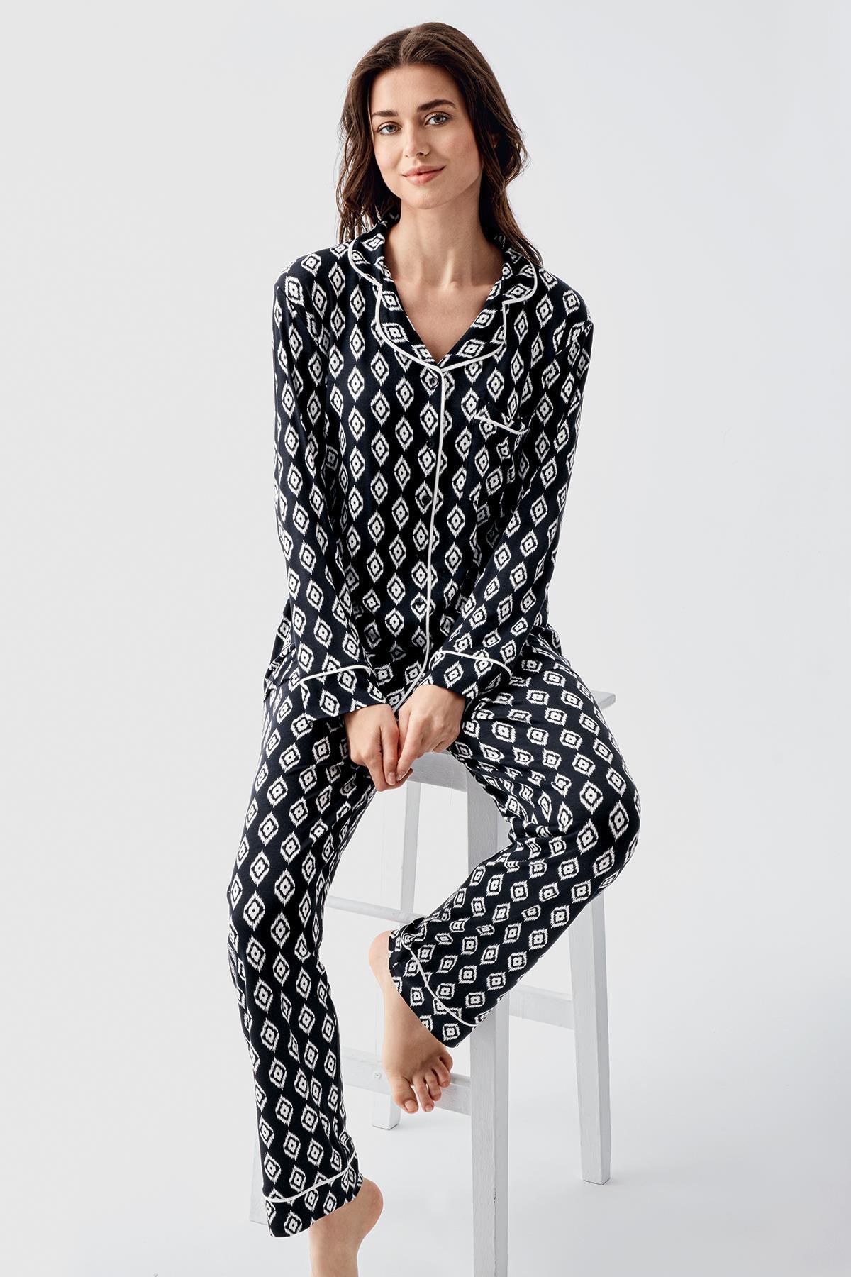 Desenli Likralı Lohusa Pijama Takımı - 22101