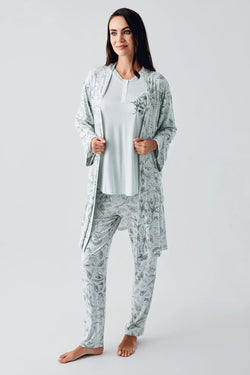 Image of Desenli Likralı Lohusa Pijama ve Sabahlık Takımı - 23100