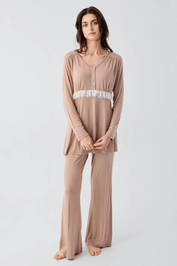 Image of Dantelli Lohusa Pijama ve Desenli Sabahlık Takımı - 23101