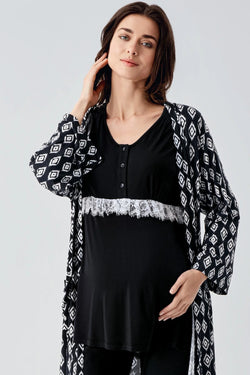 Image of Dantelli Lohusa Pijama ve Desenli Sabahlık Takımı - 23101