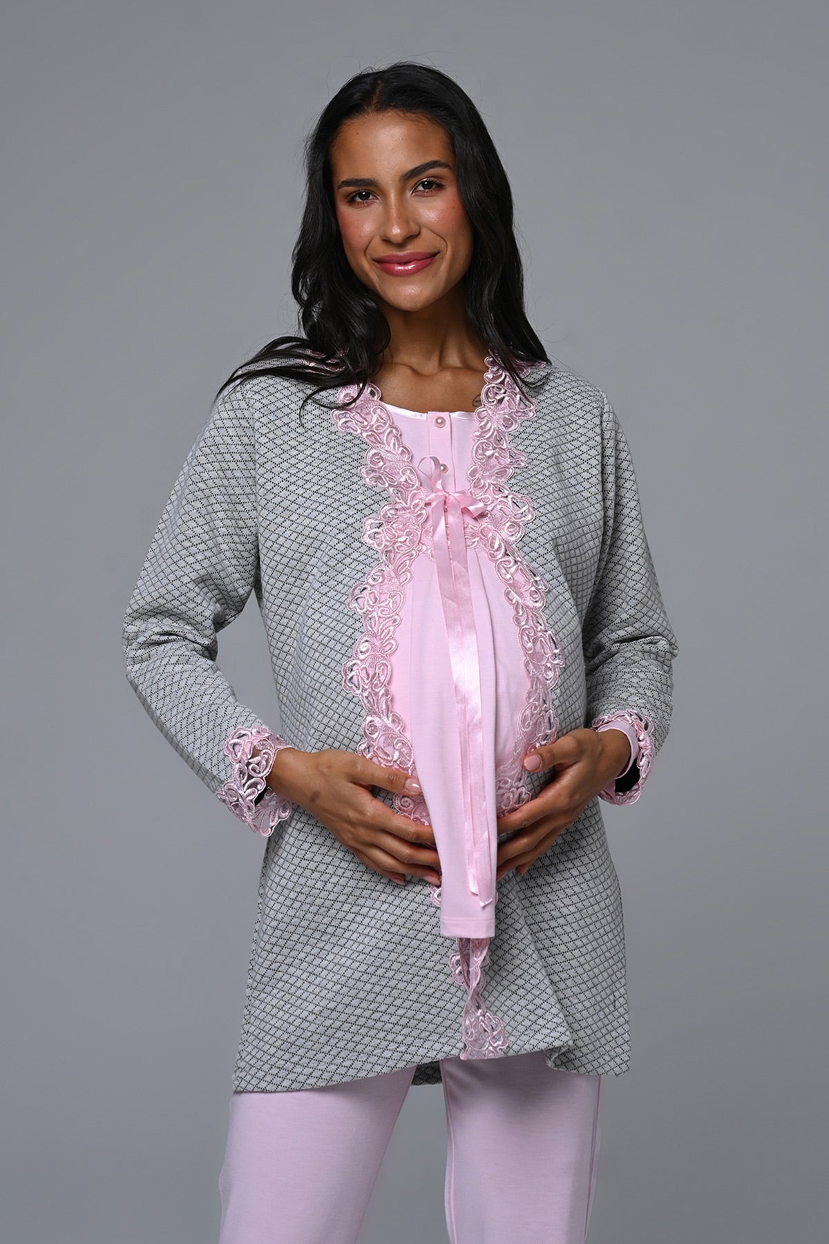 Çiçek Dantelli Detaylı Lohusa Pijama ve Sabahlık Takımı - 23386