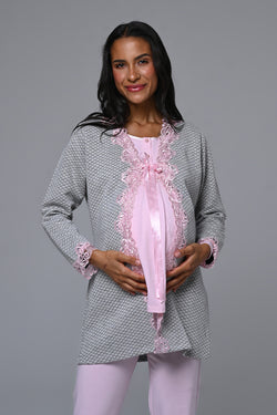 Image of Çiçek Dantelli Detaylı Lohusa Pijama ve Sabahlık Takımı - 23386