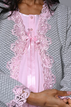 Image of Çiçek Dantelli Detaylı Lohusa Pijama ve Sabahlık Takımı - 23386