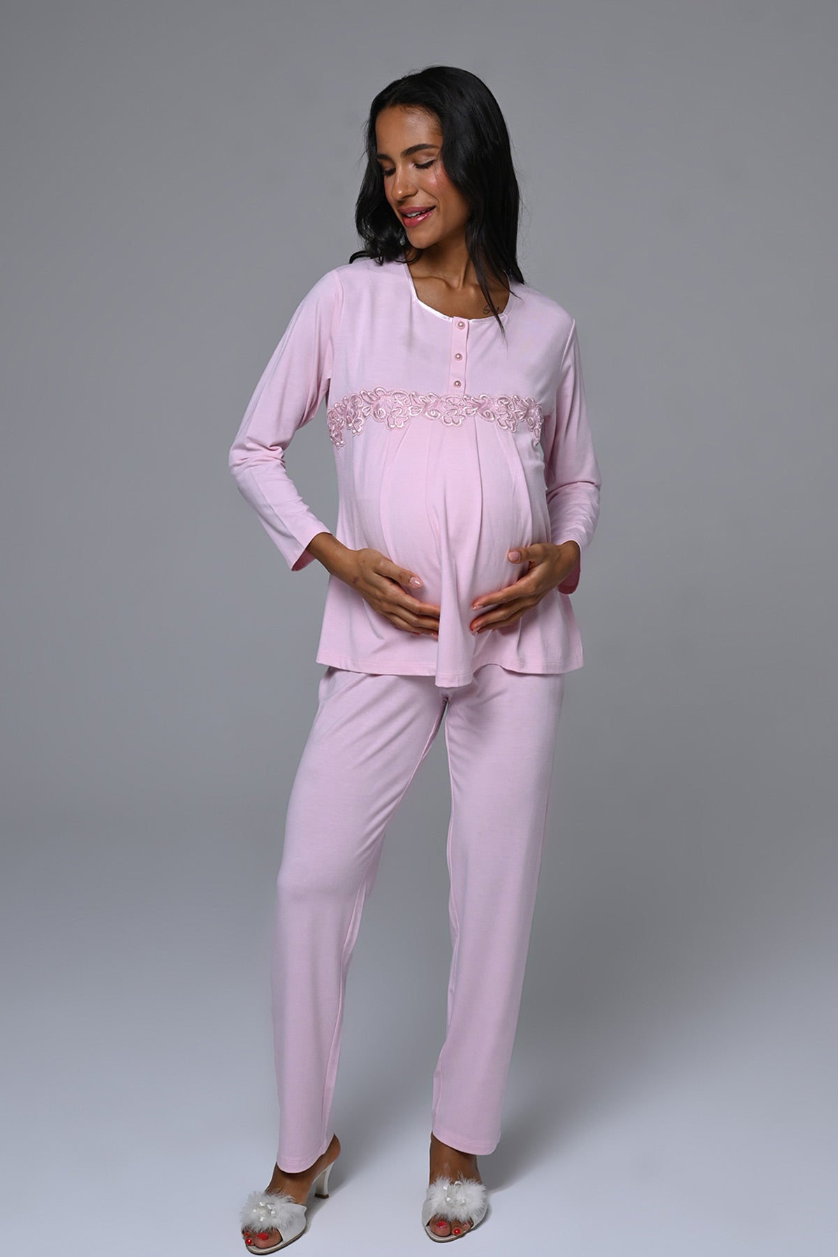 Çiçek Dantelli Detaylı Lohusa Pijama ve Sabahlık Takımı - 23386