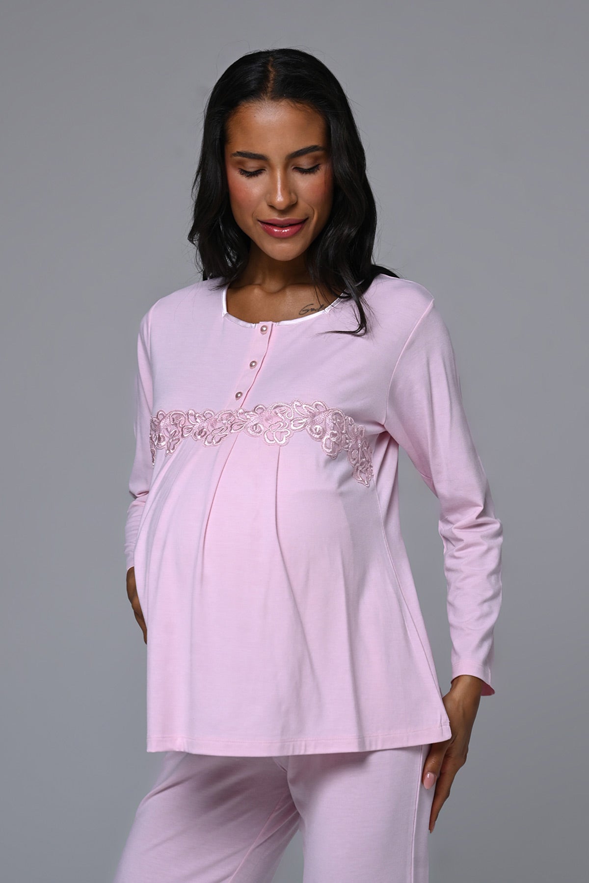 Çiçek Dantelli Detaylı Lohusa Pijama ve Sabahlık Takımı - 23386
