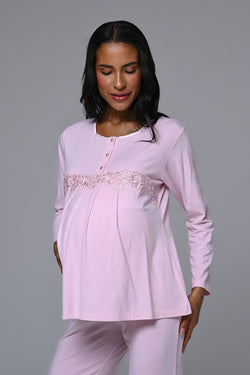 Image of Çiçek Dantelli Detaylı Lohusa Pijama ve Sabahlık Takımı - 23386